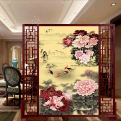 中式书房双面实木 酒店客厅卧室办公风水玄关隔断座屏 牡丹 屏风
