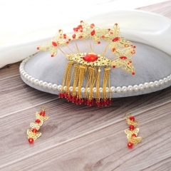 樱色花嫁结婚饰品秀禾服发饰套装流苏耳环头饰古代红色凤冠龙凤褂